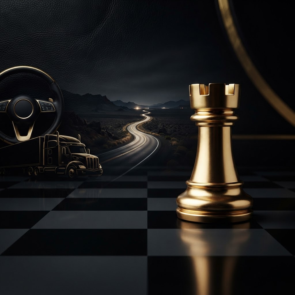 A polished silver and emerald chess rook standing on a dark chessboard beside trucking and transportation elements including a semi truck silhouette, a steering wheel, and an open road, representing trucking company bookkeeping and per mile cost tracking for Chess Bookkeeping & Payroll.