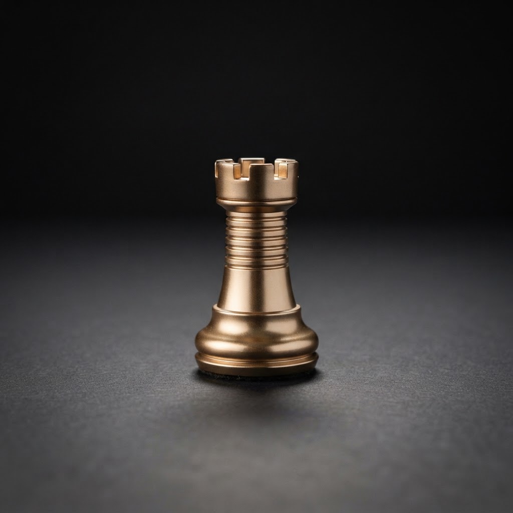 A polished polished silver and emerald chess rook, the mark of our payroll service.