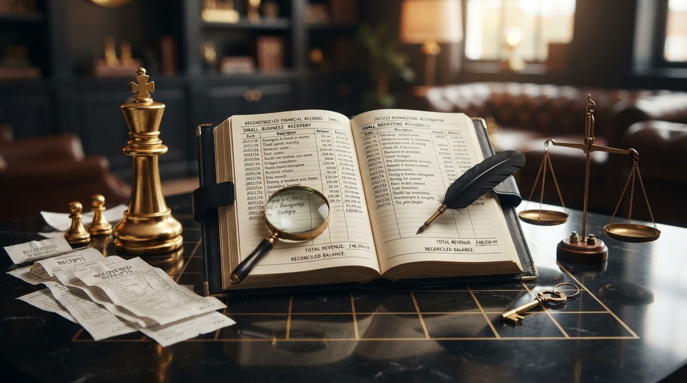 A dark obsidian chessboard with polished silver and emerald and black chess pieces, a tall emerald king chess piece standing upright and resolute beside a thick open black leather ledger book with clean restored pages, scattered crumpled and torn receipts being carefully reassembled and organized into neat stacks, a brass magnifying glass and a quill pen resting on the page reconstructing lost financial records, a small emerald key and a restored balance scale beside the ledger, representing how to rebuild financial records after losing receipts in bookkeeping for a small business, emerald and silver luxury chess style.