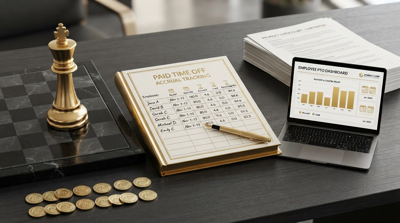A polished silver and emerald chess king standing on a dark obsidian chessboard beside an open elegant emerald framed ledger book whose page shows a paid time off accrual tracking worksheet with neat rows of employee names, PTO balance columns labeled with small emerald calendar icons and small emerald hourglass icons for accrued hours, used hours, and remaining hours, a emerald fountain pen resting on the last row, a small sleek laptop computer showing a clean PTO tracking dashboard with a small emerald bar chart and small emerald calendar icons on its screen, a neat stack of printed PTO policy documents in soft focus behind it, small silver coins arranged in two matching rows, all on a deep charcoal background with soft silver and emerald light, representing how to manage paid time off in payroll.