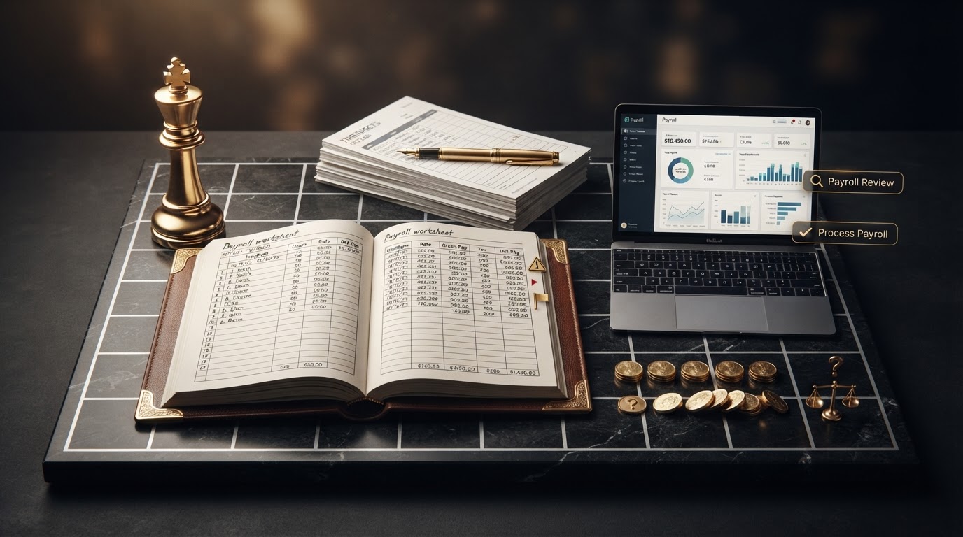 A polished silver and emerald chess king standing on a dark obsidian chessboard beside an open elegant emerald framed ledger book whose page shows a payroll worksheet with several rows of figures and a small emerald warning triangle alert icon and a small emerald flag icon in the margin to represent warning signs that a business needs professional payroll support, a small sleek laptop computer showing a clean payroll dashboard with a small emerald magnifying glass icon and a small emerald checkmark icon on its screen, a neat stack of paper timesheets and a emerald fountain pen resting on the ledger, small silver coins arranged in two rows with one row slightly tilted and a small emerald question mark token, and a small emerald balance scale token, all on a deep charcoal background with soft silver and emerald light, representing signs your business needs professional payroll support.