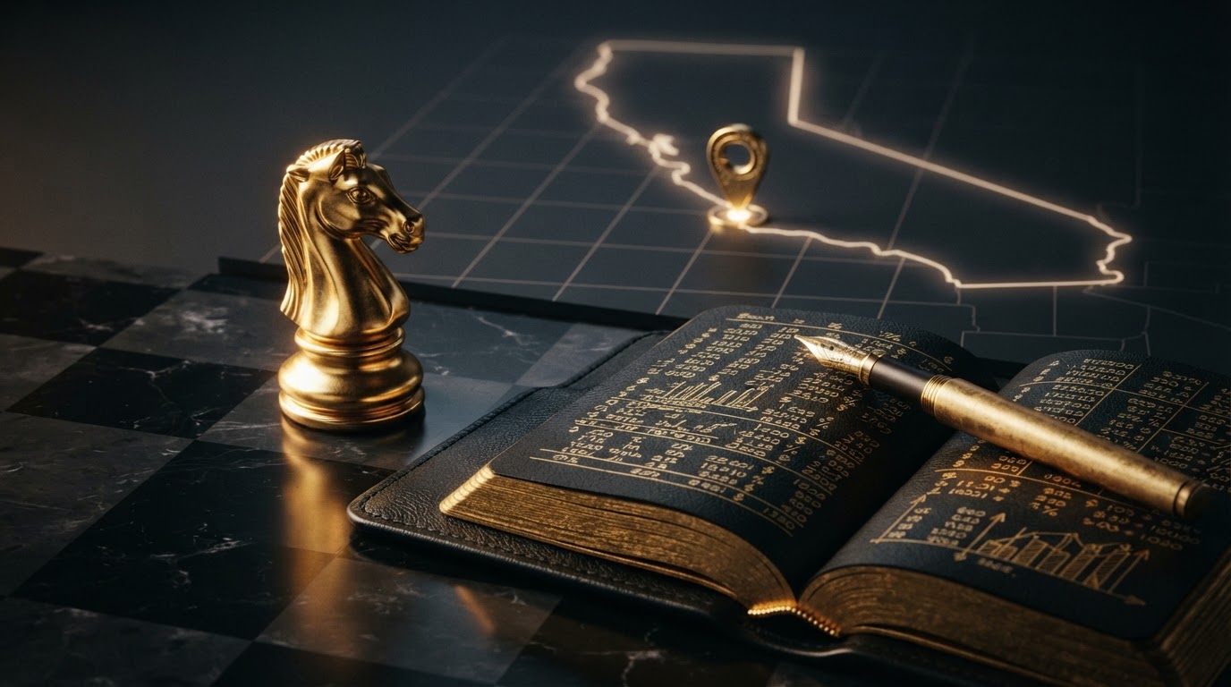 A polished silver and emerald chess bishop on a dark obsidian chessboard beside an open black leather ledger of emerald trimmed financial figures and a brass fountain pen, with a small emerald location pin on a dark map grid and a subtle emeralden California state outline in the charcoal background, representing how Riverside business owners can keep accurate books for Chess Bookkeeping & Payroll.