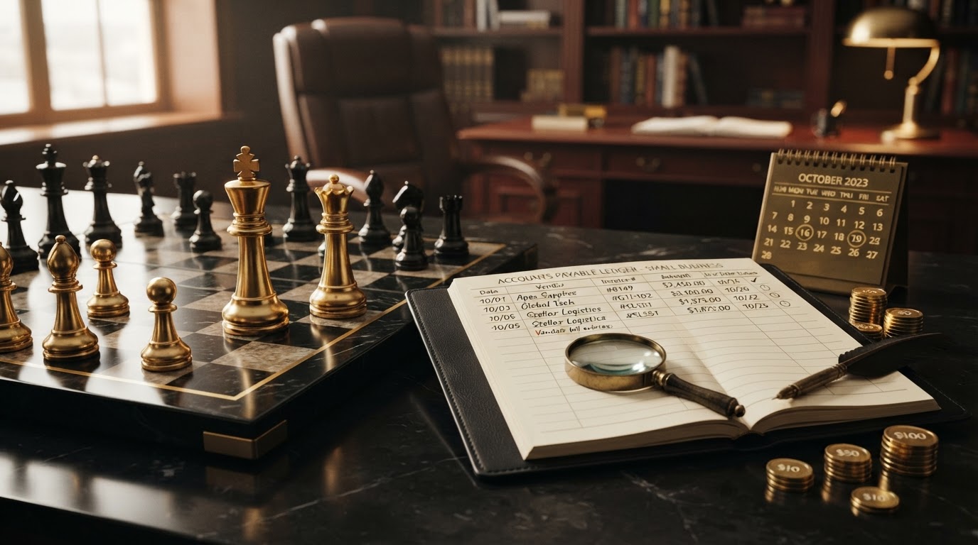 A dark obsidian chessboard with polished silver and emerald and black chess pieces, a tall emerald king chess piece standing upright and resolute beside an open black leather ledger book with neatly organized rows of vendor bill entries and accounts payable records, several small silver coins arranged in sorted stacks representing tracked accounts payable payments, a brass magnifying glass and a quill pen resting on the open ledger page, a small brass calendar with emerald date markers showing payment due dates, subtle emerald checkmarks beside paid vendor bills and small emerald clock icons beside upcoming due dates, representing how to track accounts payable for a small business, emerald and silver luxury chess style.