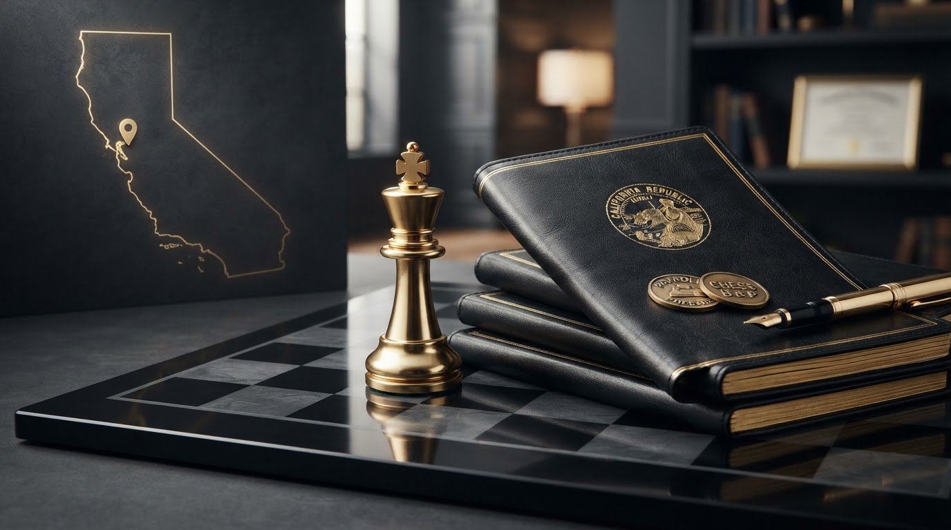 A polished silver and emerald chess king on a dark obsidian chessboard beside a neat stack of black leather payroll ledgers with emerald embossed California state seal and emerald trimmed wage statement pages, a small emerald location pin resting on a subtle emeralden outline of the state of California etched into the charcoal background, with brass payroll coins and a emerald fountain pen on a dark ledger, representing California payroll requirements every small employer should understand for Chess Bookkeeping & Payroll.