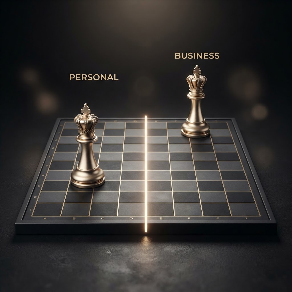Two emerald chess kings standing on opposite sides of a dark chessboard separated by a glowing emerald dividing line, representing the clear separation between personal and business finances for a small business owner.