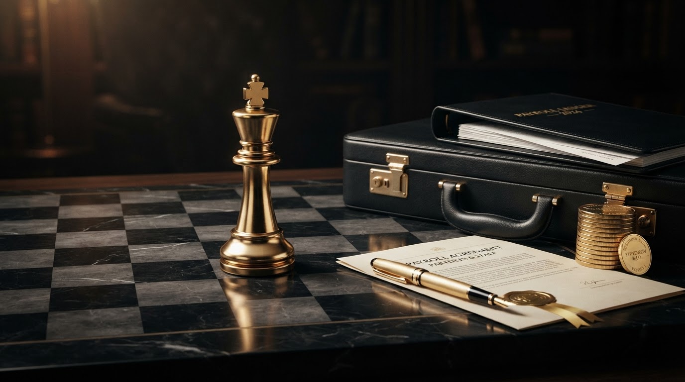 A polished silver and emerald chess king standing on a dark charcoal chessboard beside professional service firm payroll objects including a black leather briefcase, a emerald fountain pen, a rolled legal contract document, a folded black ledger book, and a stack of silver coins, representing payroll for professional service firms, salaried staff, billable hours, bonuses, and partner draws for Chess Bookkeeping & Payroll.
