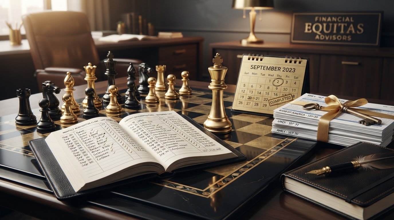 A dark obsidian chessboard with polished silver and emerald and black chess pieces, a tall emerald king chess piece standing upright and resolute beside an open black leather ledger book representing a completed monthly bookkeeping close, a brass calendar page turned to the final day of the month with a small emerald seal pressed onto it, neat stacks of reconciled bank and credit card statements bound with a emerald ribbon, a quill pen resting on a closed ledger, a small brass key symbolizing a locked closed period, subtle emerald checkmarks beside matched entries, representing how to complete a monthly bookkeeping close for a small business, emerald and silver luxury chess style.