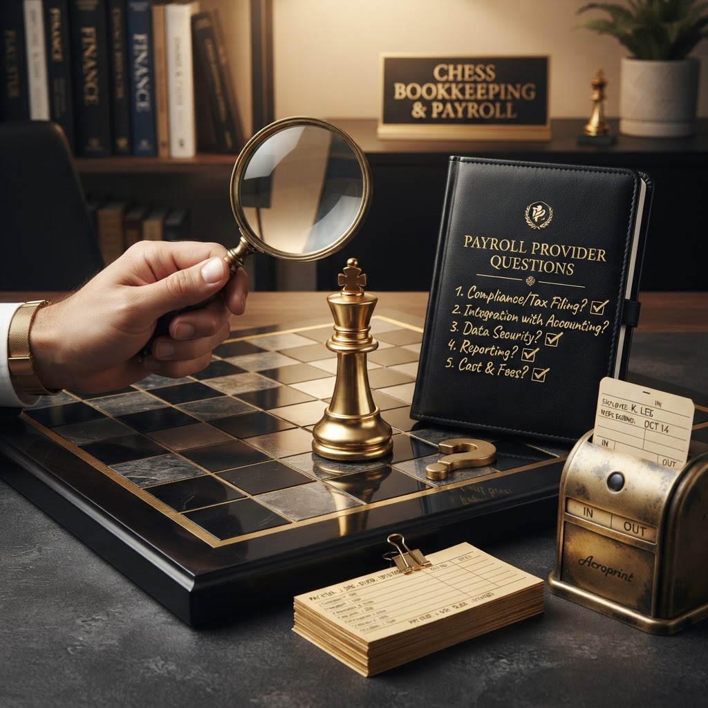 A polished silver and emerald chess king piece on a dark obsidian chessboard examined through a brass magnifying glass, beside a black leather notebook with a emerald checkmarked checklist and a emerald question mark token, with a neat stack of emerald trimmed employee pay stubs and a brass time clock, representing questions to ask before hiring a payroll provider for a small business for Chess Bookkeeping & Payroll.
