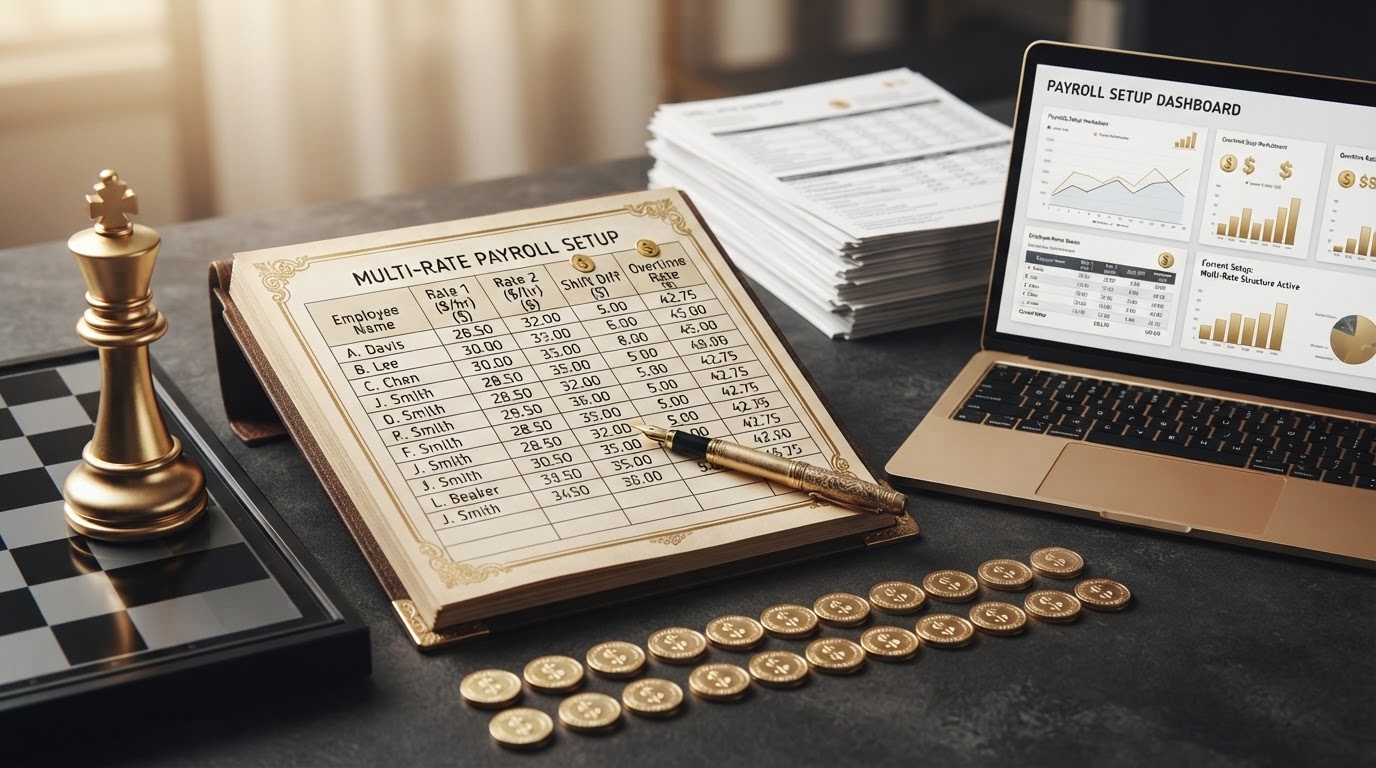 A polished silver and emerald chess king standing on a dark obsidian chessboard beside an open elegant emerald framed ledger book whose page shows a payroll setup worksheet with neat rows of employee names, multiple pay rate columns labeled with small emerald dollar sign icons for different roles and shifts, a emerald fountain pen resting on the last row, a small sleek laptop computer showing a clean payroll setup dashboard with a small emerald bar chart and small emerald dollar sign icons on its screen, a neat stack of printed payroll setup documents in soft focus behind it, small silver coins arranged in two matching rows, all on a deep charcoal background with soft silver and emerald light, representing how to set up payroll for multiple pay rates.