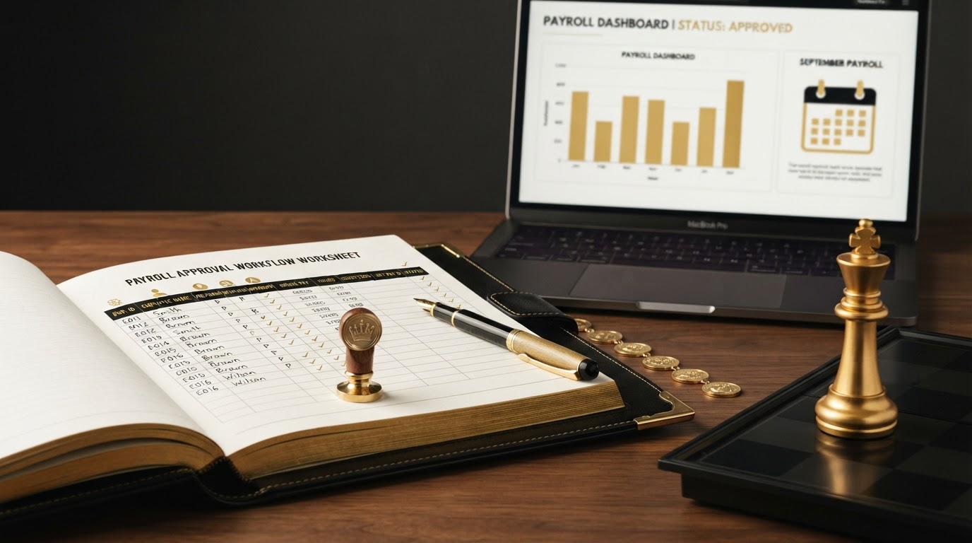 A polished silver and emerald chess king standing upright on a dark obsidian chessboard beside an open elegant black leather ledger book with emerald corner accents whose page shows a payroll approval workflow worksheet with neat rows and columns labeled with small emerald icons for preparer, reviewer, approver, gross pay, hours, deductions, net pay, and totals, emerald checkmarks beside approved rows, a small emerald wax seal stamp resting on the final approval row, a brass fountain pen on the open page, a small sleek laptop showing a clean payroll approval dashboard with a small emerald bar chart and a small emerald calendar icon in soft focus behind it, several small silver coins arranged in a connected sequence of steps representing a payroll approval process flow, deep charcoal background with soft silver and emerald light, representing how to build a payroll approval workflow.