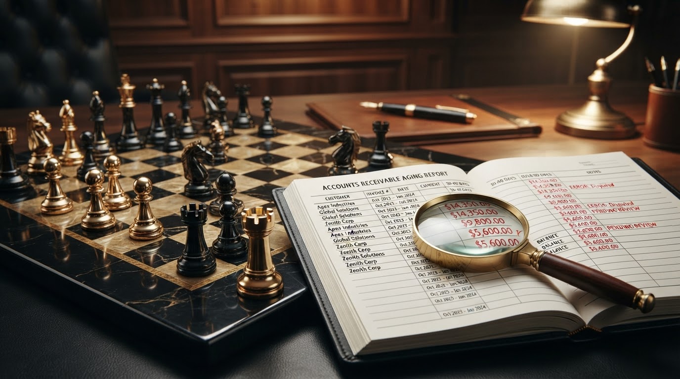 A dark obsidian chessboard with polished silver and emerald and black chess pieces, a emerald rook piece standing upright beside an open black leather ledger book showing an accounts receivable aging report with overdue invoice amounts highlighted in red ink and a brass magnifying glass resting on the page examining the receivable balances, representing what causes accounts receivable balances to be wrong in bookkeeping for a small business, emerald and silver luxury chess style.