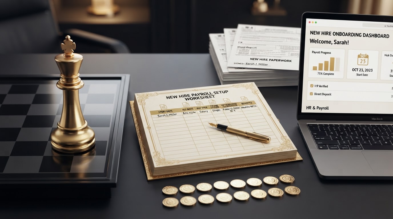 A polished silver and emerald chess king standing on a dark obsidian chessboard beside an open elegant emerald framed ledger book whose page shows a new hire payroll setup worksheet with neat rows for a new employee name and columns labeled with small emerald document icons for start date, pay rate, pay type, filing status, and withholding allowances, a emerald fountain pen resting on the first row, a small sleek laptop computer showing a clean new hire payroll onboarding dashboard with a small emerald bar chart and a small emerald calendar icon set to the employee start date on its screen, a neat stack of printed new hire paperwork and a signed withholding form in soft focus behind it, small silver coins arranged in two matching rows, all on a deep charcoal background with soft silver and emerald light, representing how to handle payroll for new hires.