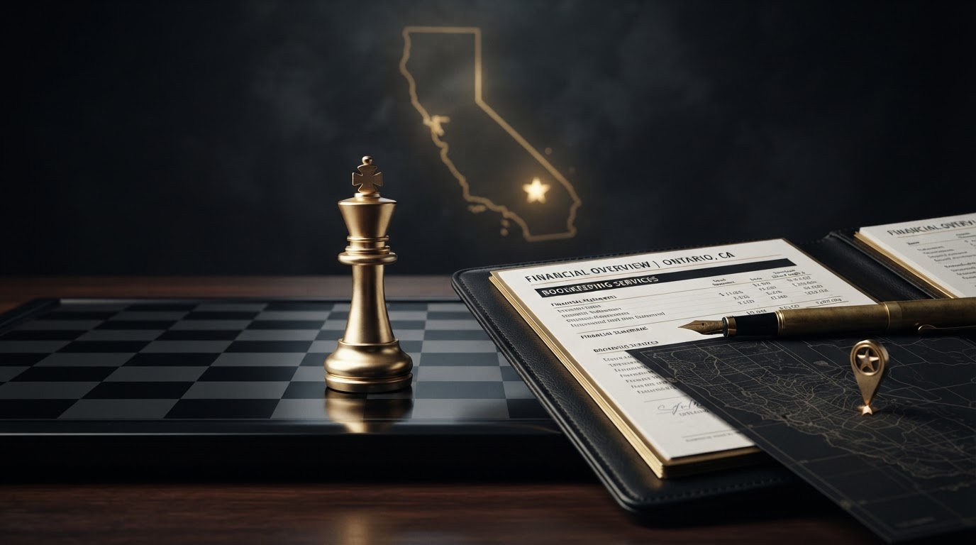 A polished silver and emerald chess king piece on a dark obsidian chessboard beside an open black leather portfolio of emerald trimmed financial statements and a brass fountain pen, with a small emerald location pin resting on a dark map grid and a subtle emeralden California state silhouette in the charcoal background, representing bookkeeping services for small businesses in Ontario, California for Chess Bookkeeping & Payroll.