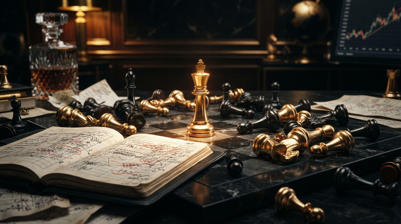 A dark obsidian chessboard with emerald and black chess pieces scattered and disorganized beside an open black leather ledger book showing messy crossed out financial columns, with a single polished silver and emerald chess king standing upright in the center representing order restored to messy bookkeeping records for a small business.