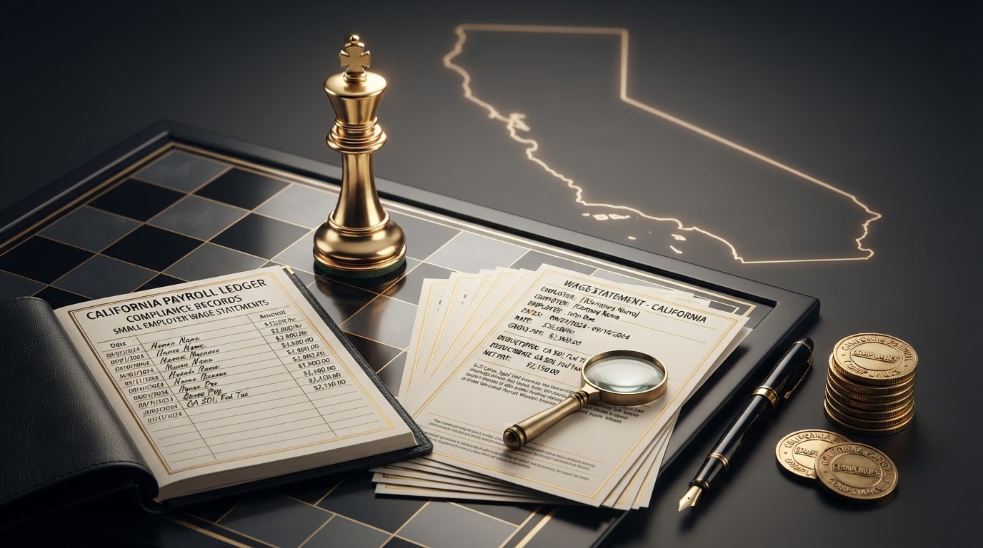 A polished silver and emerald chess king piece standing on a dark obsidian chessboard, beside an open black leather payroll ledger book with emerald embossed columns and a neat stack of emerald trimmed wage statement pay stub pages fanned out, a small brass magnifying glass resting on the top pay stub, a sleek black fountain pen with emerald nib, and a small neat stack of emerald payroll coins, all on a deep charcoal background with soft silver and emerald light and a subtle emeralden outline of the state of California etched faintly into the background, representing California wage statement payroll requirements for small employers for Chess Bookkeeping & Payroll.