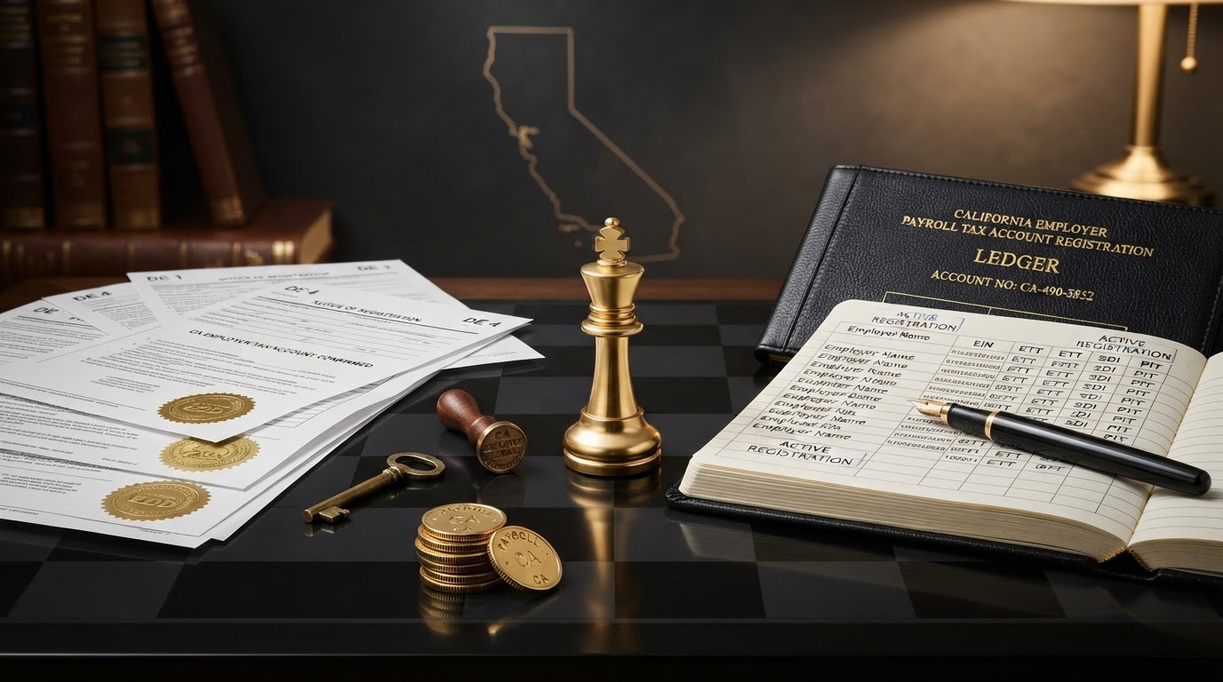 A polished silver and emerald chess king piece standing on a dark obsidian chessboard, beside an open black leather payroll ledger book with emerald embossed columns tracking employer payroll tax account registration numbers and account ledgers, a neat stack of official government registration forms and account confirmation letters with emerald wax seals, a small brass key representing an activated tax account, a sleek black fountain pen with emerald nib resting on the ledger, a small neat stack of emerald payroll coins, and a small brass seal stamp, all on a deep charcoal background with soft silver and emerald light, with a subtle emeralden outline of the state of California etched faintly into the background, representing California employer payroll tax account registration and organization for small employers for Chess Bookkeeping & Payroll.