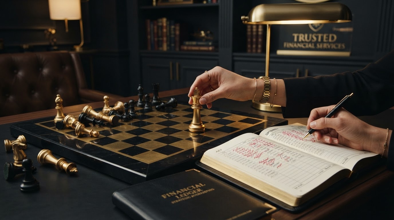 A dark obsidian chessboard with emerald and black chess pieces scattered and disorganized after falling behind, with a single polished silver and emerald chess king being set upright in the center, beside an open black leather ledger book showing several months of backlogged financial columns being cleared and organized into neat rows, representing catch up bookkeeping and getting your small business books back on track.