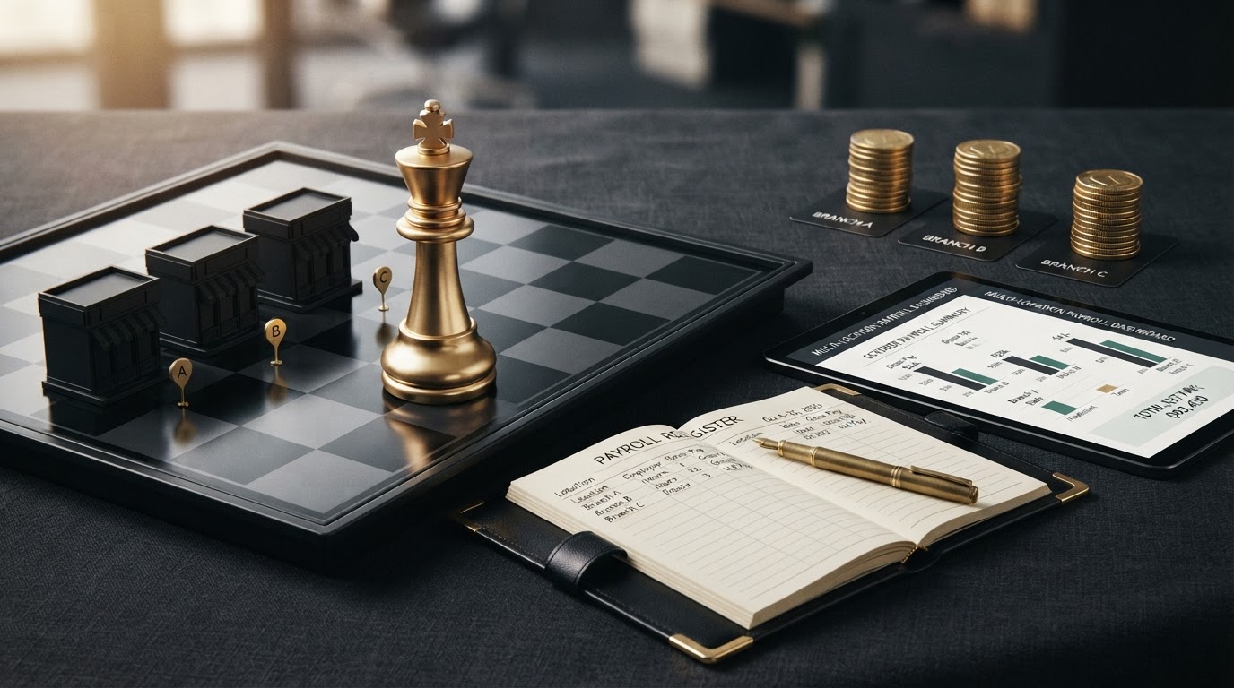 A polished silver and emerald chess king standing upright on a dark obsidian chessboard beside payroll objects for a multi location business, including three small black storefront buildings in a row, an open elegant black leather ledger book with emerald corner accents whose page shows a payroll register with columns labeled by location, small emerald location tag pins, a sleek black tablet displaying a clean multi location payroll dashboard with branch comparison bar charts, and silver coins arranged in three separate tidy stacks representing different locations, a brass fountain pen resting on the open page, all on a deep charcoal background with soft silver and emerald light, representing payroll for businesses with multiple locations.