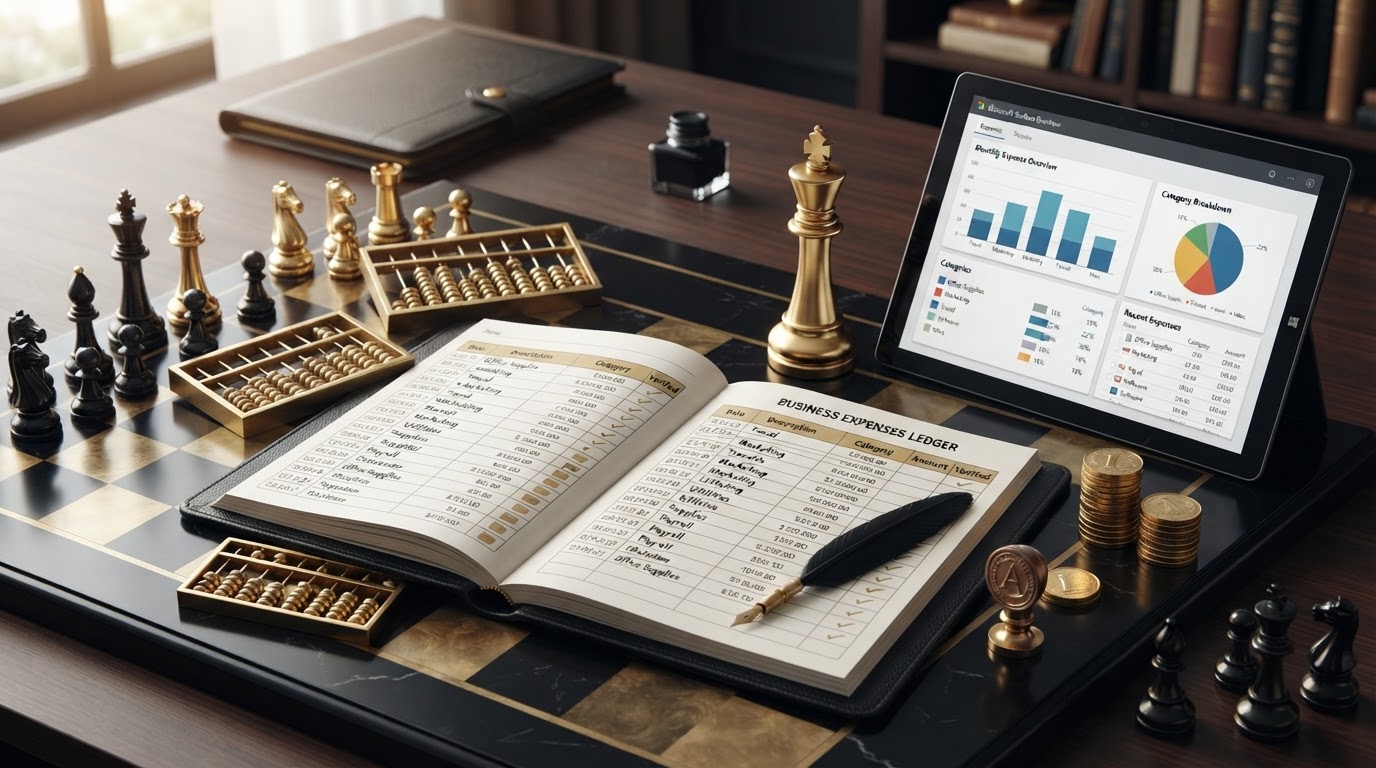 A dark obsidian chessboard with polished silver and emerald and black chess pieces, a tall emerald king chess piece standing upright and resolute beside an open black leather ledger book with neatly organized rows of business expense entries and categorized transaction columns, a sleek black tablet displaying a clean expense tracking dashboard with sorted category bars and monthly expense charts, a brass abacus with emerald beads partially slid along its rods representing counted and categorized expenses, a quill pen and a brass seal stamp resting on the open ledger page, several silver coins arranged in neat sorted stacks representing tracked and categorized business expenses, subtle emerald checkmarks beside completed expense entries and emerald folder icons representing organized expense categories, representing how to create a small business expense tracking system for a small business, emerald and silver luxury chess style.