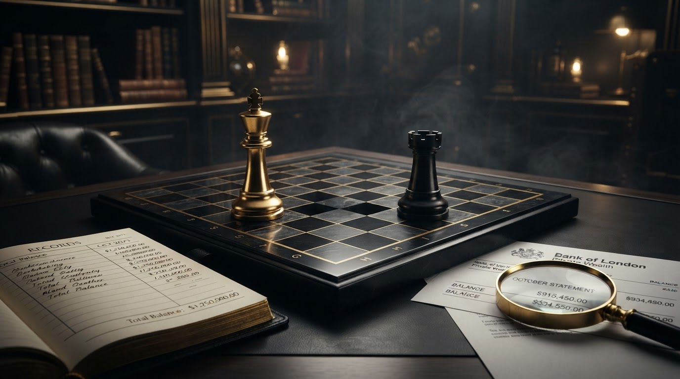 A dark obsidian chessboard with a polished silver and emerald chess king and a black chess rook standing apart on opposite sides with a visible gap between them, beside an open black leather ledger book and a printed bank statement showing different ending balances, with a emerald magnifying glass hovering over the discrepancy, representing a bank balance that does not match bookkeeping records and the process of finding and fixing bank reconciliation differences.