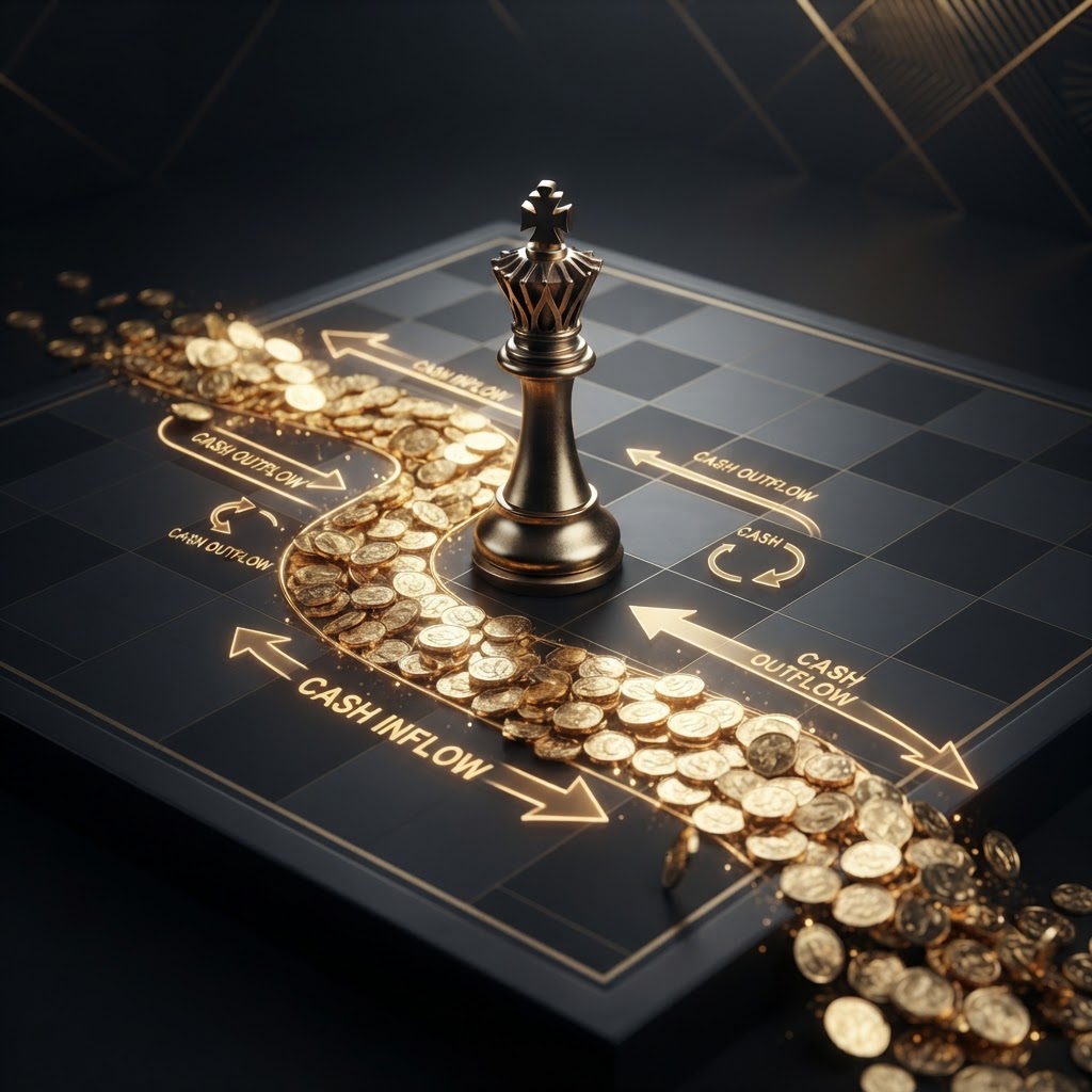 A emerald chess king on a dark chessboard with a stream of silver coins flowing through the squares, representing how accurate bookkeeping gives you visibility and control over your business cash flow.