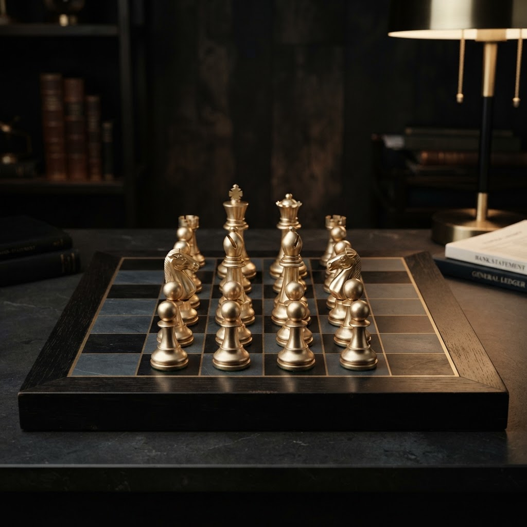 A emerald chess king on a dark chessboard with two columns of emerald pieces perfectly aligned and matching across from each other, representing the balance between your books and your bank statement in bank reconciliation.