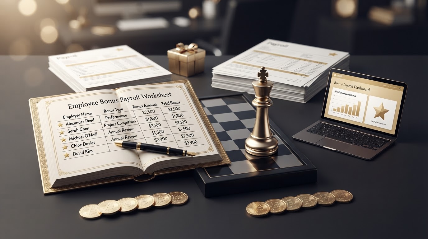 A polished silver and emerald chess king standing on a dark obsidian chessboard beside an open elegant emerald framed ledger book whose page shows an employee bonus payroll worksheet with neat rows of employee names, bonus types, bonus amounts, and total bonus columns, small emerald star icons beside each bonus row, a emerald fountain pen resting on the last row, a small sleek laptop computer showing a clean bonus payroll dashboard with a small emerald bar chart and a small emerald star icon on its screen, a neat stack of printed payroll documents and a small emerald gift box in soft focus behind it, small silver coins arranged in two matching rows, all on a deep charcoal background with soft silver and emerald light, representing how to handle employee bonuses through payroll.
