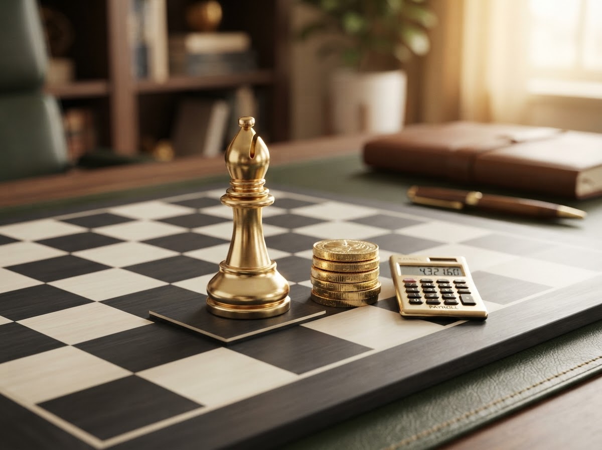 A emerald chess bishop beside a small stack of silver coins and a calculator on a dark chessboard, representing careful payroll deduction calculations.