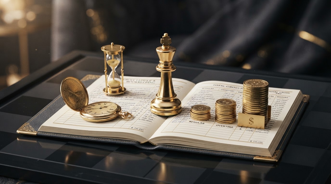 A polished silver and emerald chess king standing on a dark obsidian chessboard beside an open elegant emerald framed ledger book, with small silver coins and emerald tokens arranged in two separate stacks labeled regular hours and overtime hours that combine into a larger stack labeled total gross pay, plus a emerald pocket watch and a small emerald hourglass resting on the ledger to represent time and hours worked, all on a deep charcoal background with soft silver and emerald light, representing how to calculate overtime pay correctly for payroll.
