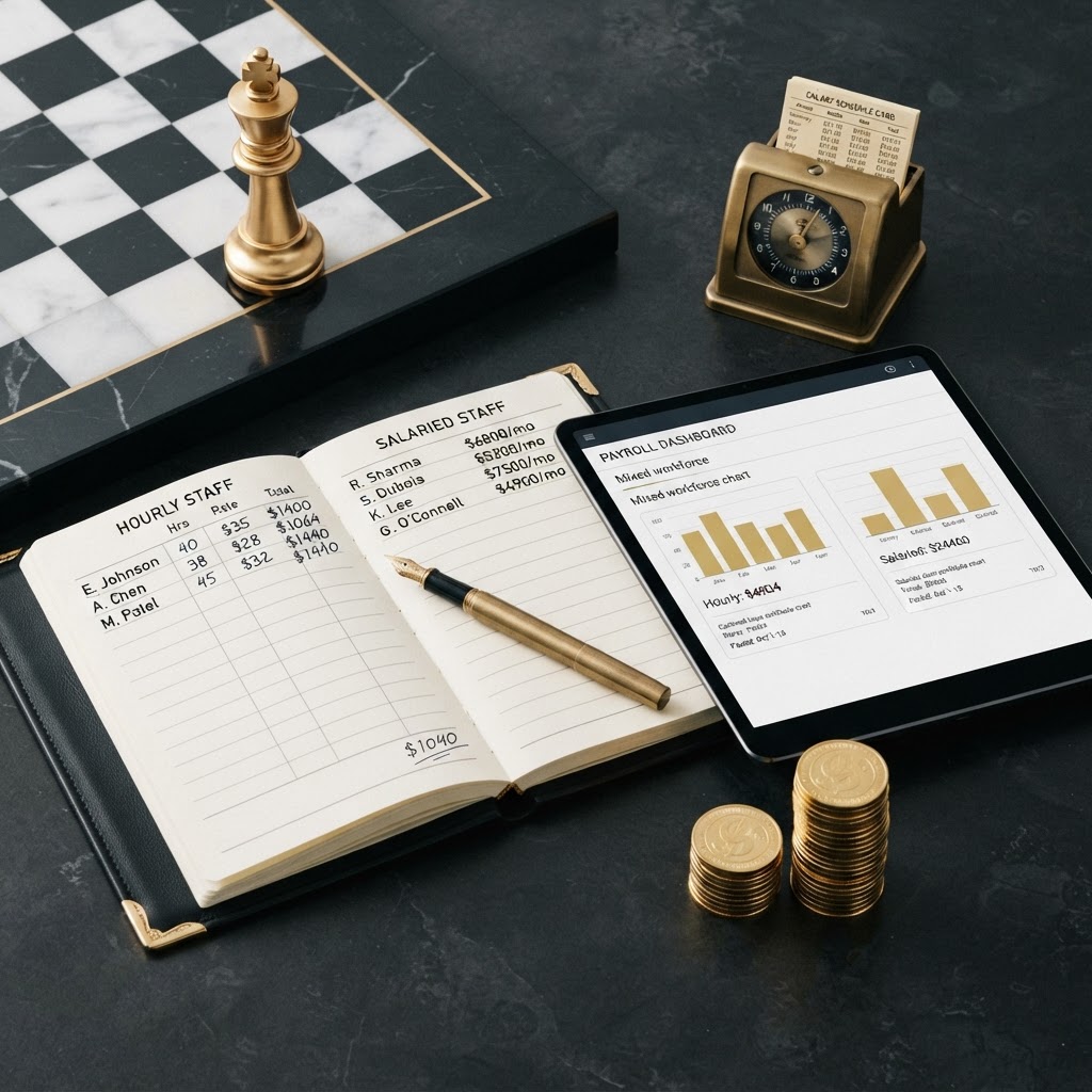 A polished silver and emerald chess king standing upright on a dark obsidian chessboard beside payroll objects for a business with both hourly and salaried staff, including an open elegant black leather ledger book with emerald corner accents whose page is split into two sections, one showing hourly employee rows with hours and pay rate columns and a calculated total and the other showing salaried employee rows with a fixed salary amount, a sleek black tablet displaying a clean mixed workforce payroll dashboard with two groups of employee pay bars in emerald, a small brass time clock beside a salary schedule card, a neat stack of silver coins representing a combined payroll run, a brass fountain pen resting on the open page, all on a deep charcoal background with soft silver and emerald light, representing payroll for a business with hourly and salaried staff.