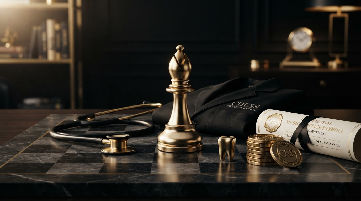 A polished silver and emerald chess bishop standing on a dark charcoal chessboard beside medical and dental office payroll objects including a emerald stethoscope, a folded black medical coat, a emerald tooth symbol, a stack of silver coins, and a rolled payroll receipt document, representing medical and dental office payroll, salaried provider pay, hourly staff wages, part time roles, and on call pay tracking for Chess Bookkeeping & Payroll.