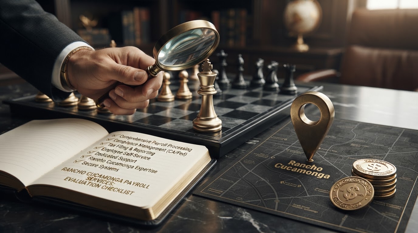 A polished silver and emerald chess king piece being examined with a brass magnifying glass on a dark obsidian chessboard, beside an open black leather notebook showing a emerald checkmarked evaluation checklist, a brass location pin resting on a dark map grid, and a small neat stack of emerald payroll coins, representing how to choose payroll services in Rancho Cucamonga for Chess Bookkeeping & Payroll.
