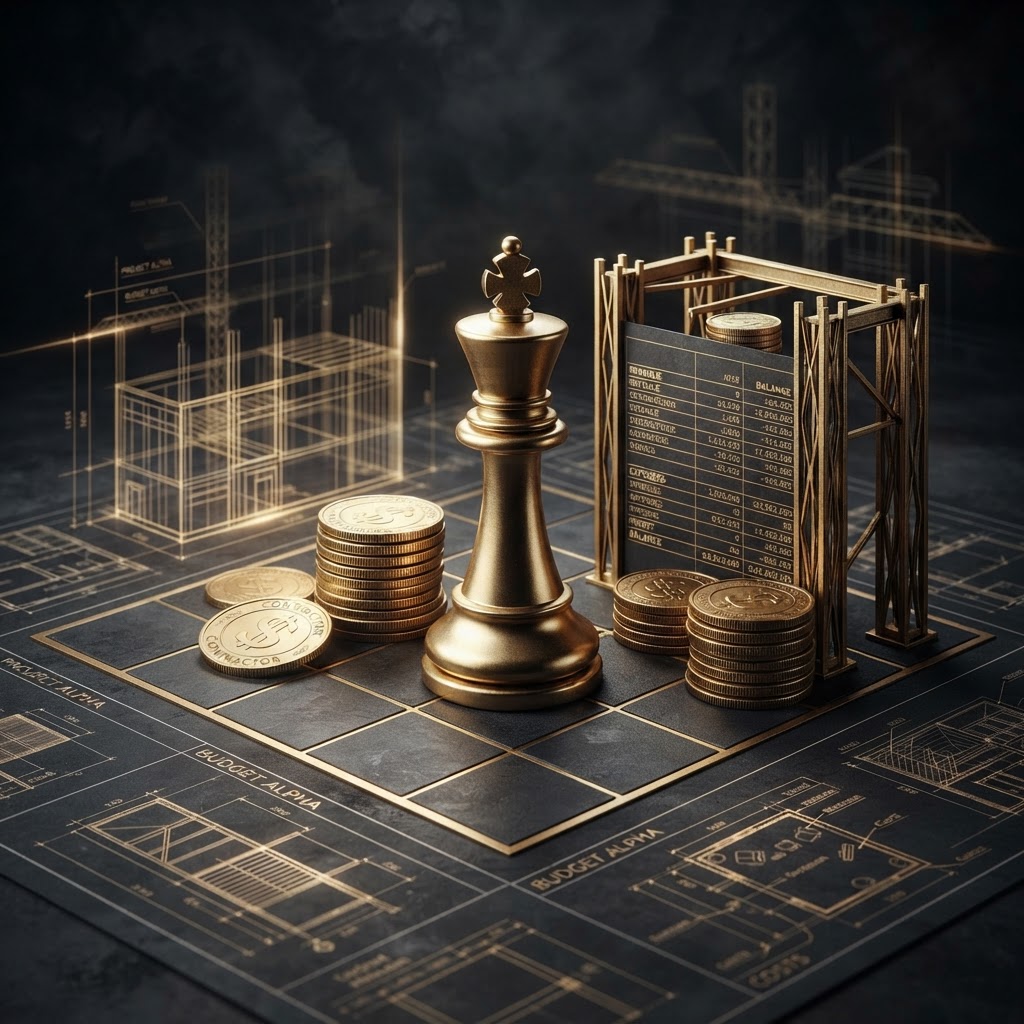 A emerald chess king on a dark chessboard that blends into a construction blueprint grid with faint emerald building outlines and structural beams, representing how construction bookkeeping tracks job costs and project margins for contractors.