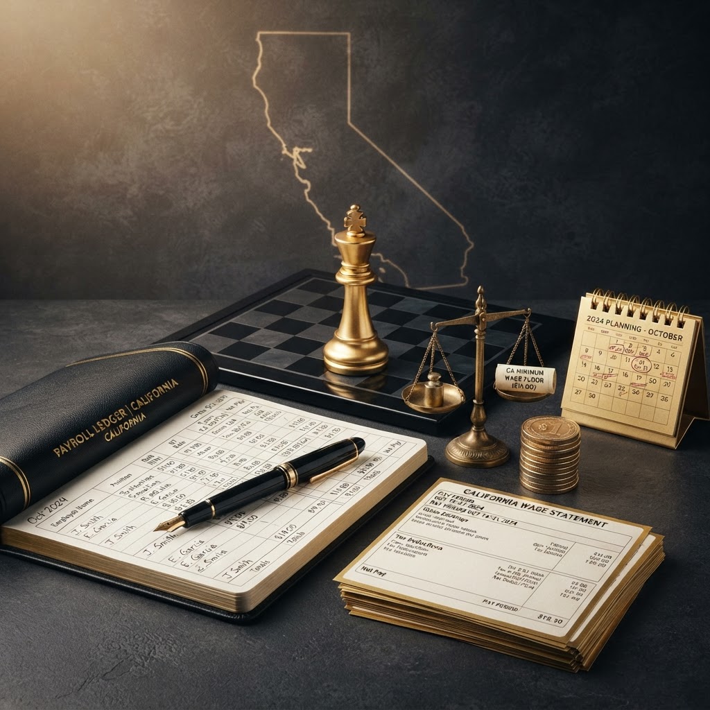 A polished silver and emerald chess king standing on a dark obsidian chessboard, beside an open black leather payroll ledger book with emerald embossed columns tracking wage rates and payroll planning figures, a small antique brass balance scale representing a minimum wage floor, a neat stack of emerald trimmed wage statement pay stub pages, a sleek black fountain pen with emerald nib resting on the ledger, a small neat stack of emerald payroll coins, and a small emerald pocket calendar open to a planning month, all on a deep charcoal background with soft silver and emerald light, with a subtle emeralden outline of the state of California etched faintly into the background, representing California minimum wage and payroll planning for small employers for Chess Bookkeeping & Payroll.