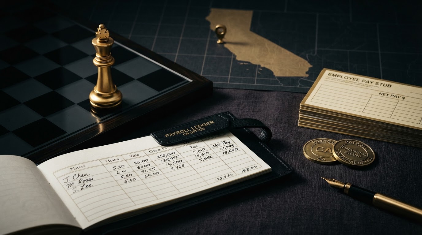 A polished silver and emerald chess king on a dark obsidian chessboard beside an open black leather payroll ledger with emerald embossed columns and rows of neat figures, a neat stack of emerald trimmed employee pay stubs, brass payroll coins, and a emerald fountain pen on the charcoal surface, with a small emerald location pin resting on a dark map grid and a subtle emeralden silhouette of the state of California etched into the background, representing payroll challenges for small businesses in Fontana, California for Chess Bookkeeping & Payroll.