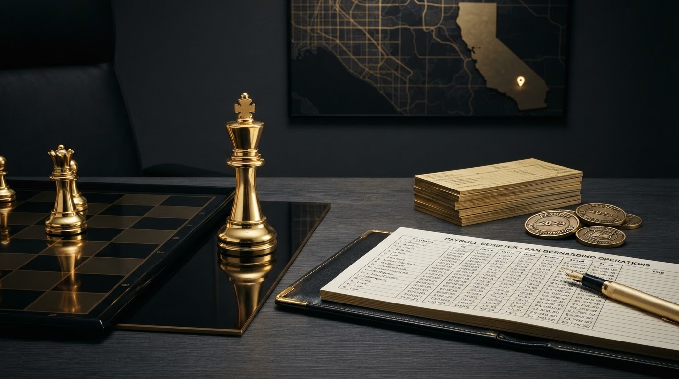 A polished silver and emerald chess king on a dark obsidian chessboard beside an open black leather payroll ledger with emerald embossed columns and rows of neat figures, a neat stack of emerald trimmed employee pay stubs, brass payroll coins, and a emerald fountain pen on a charcoal surface, with a small emerald location pin resting on a dark map grid and a subtle emeralden silhouette of the state of California and the city of San Bernardino etched into the background, representing payroll support for small businesses in San Bernardino, California for Chess Bookkeeping & Payroll.