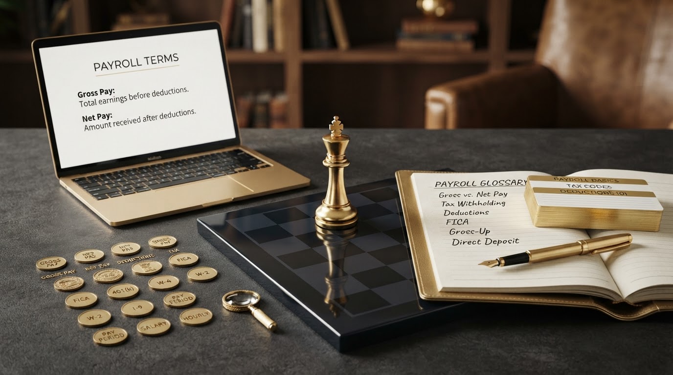 A polished silver and emerald chess king standing on a dark obsidian chessboard beside an open elegant emerald framed ledger book, with a small sleek laptop computer showing a clean glossary of payroll terms on its screen, a neat stack of payroll reference cards and a emerald fountain pen resting on the ledger, small silver coins and emerald tokens arranged in organized rows representing defined payroll terms, and a small magnifying glass token, all on a deep charcoal background with soft silver and emerald light, representing a glossary of common payroll terms every employer should know.