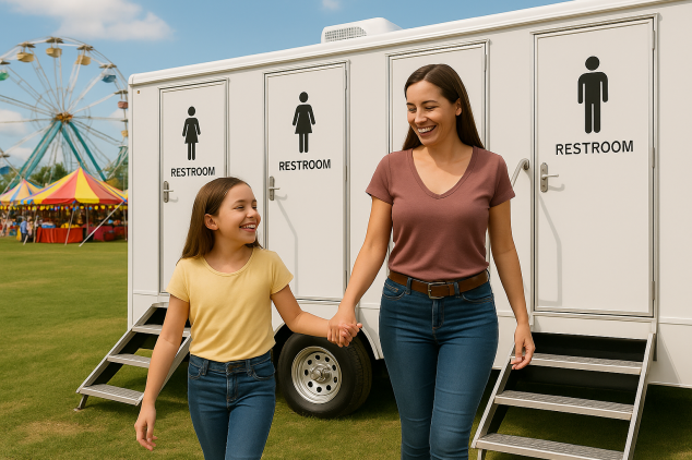 Mother and daughter outside Roamin Restrooms luxury mobile trailer at carnival event