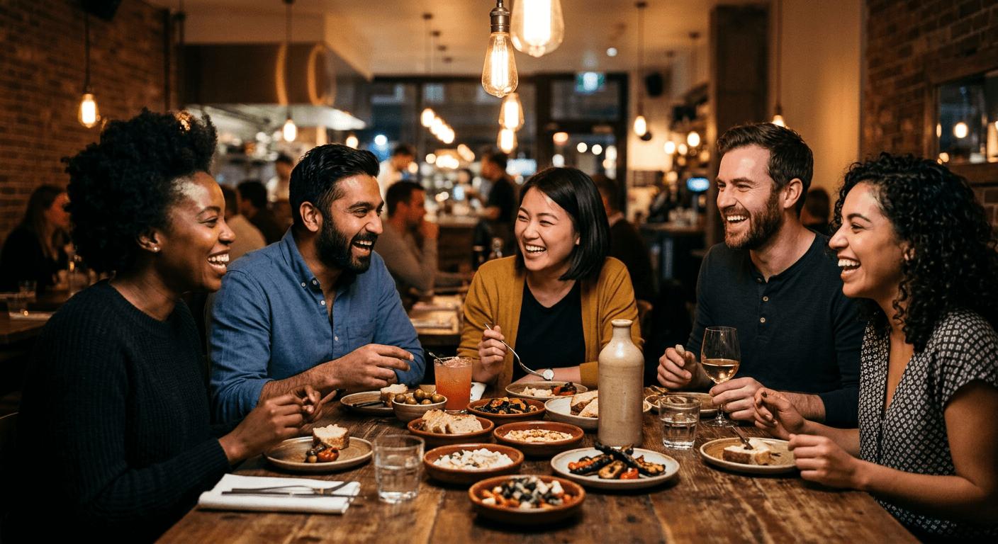 Happy friends gathered together around a warm dining table laughing and enjoying an evening out