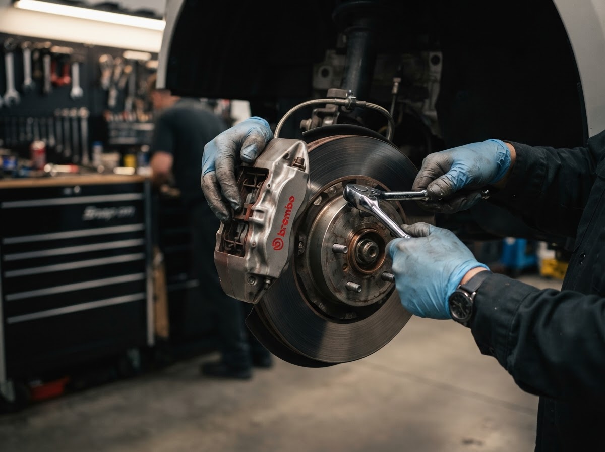 Brake disc and caliper during a brake repair and inspection at a Concord auto shop