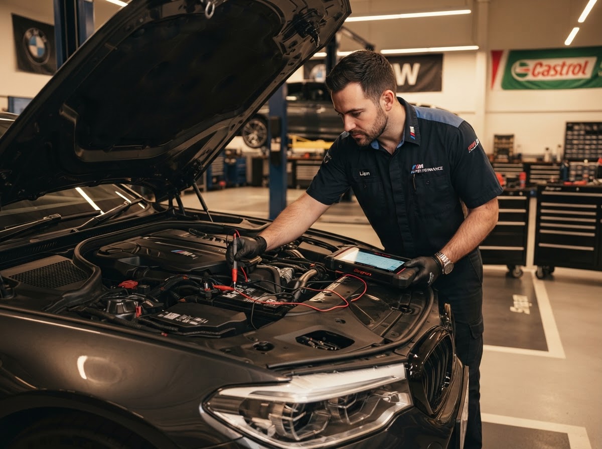 Automotive electrical system diagnosis including battery and wiring at a Concord repair shop