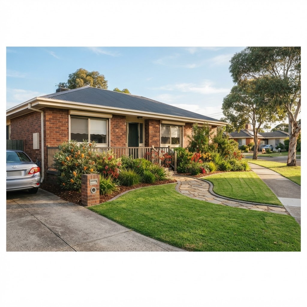 Neatly maintained front lawn and garden bed of a classic suburban Australian home