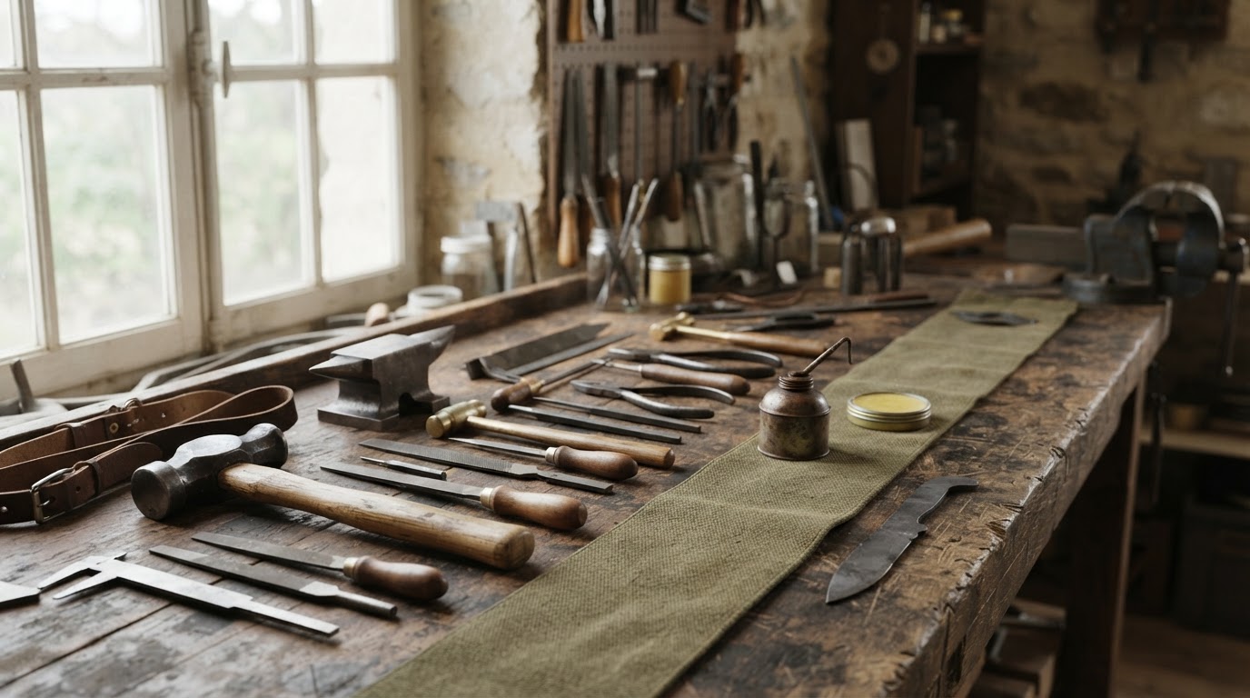 A quiet atelier workbench with metalworking tools and olive canvas — concept photograph