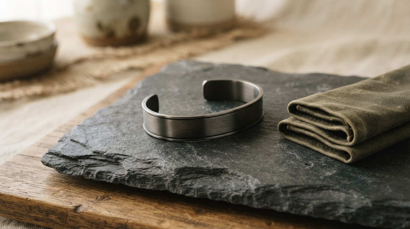 A dark gunmetal cuff resting on slate and olive canvas — concept photograph