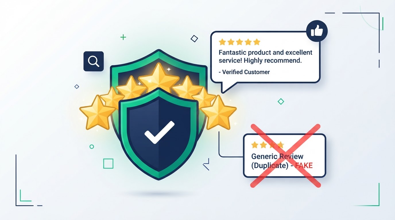 A shield with a checkmark protecting a cluster of five gold stars, with a genuine review speech bubble and a crossed-out fake review card