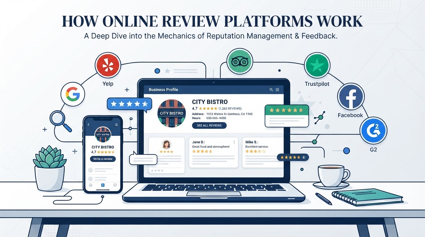 Laptop and phone displaying a review profile with star ratings and review cards