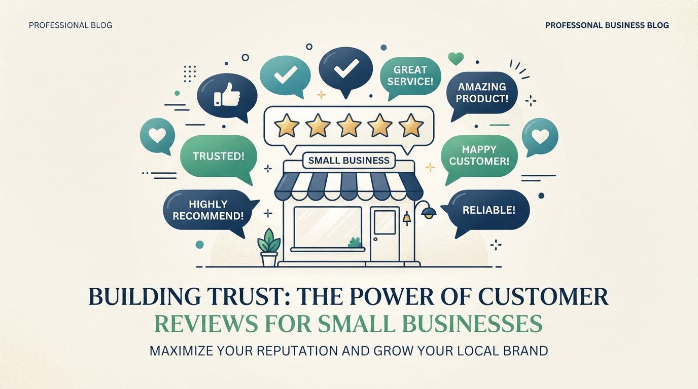 Five gold stars above a storefront silhouette with customer feedback speech bubbles