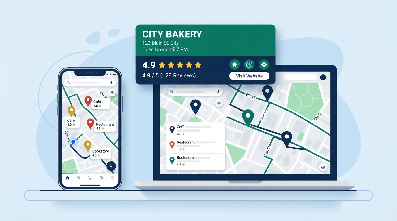 A smartphone and laptop displaying a local map with location pins, star ratings, and a business profile card