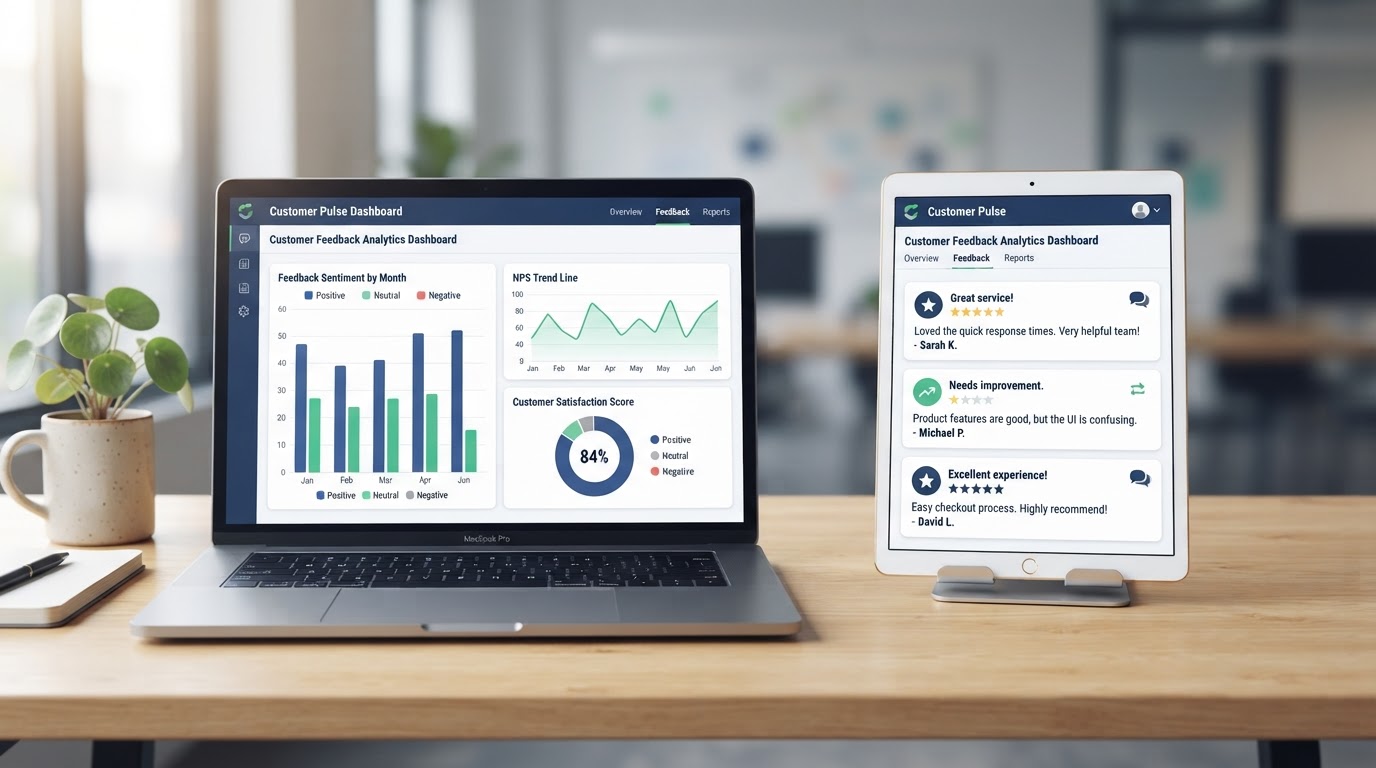 A tablet and laptop displaying a feedback dashboard with bar charts, trend lines, and star-rated note cards