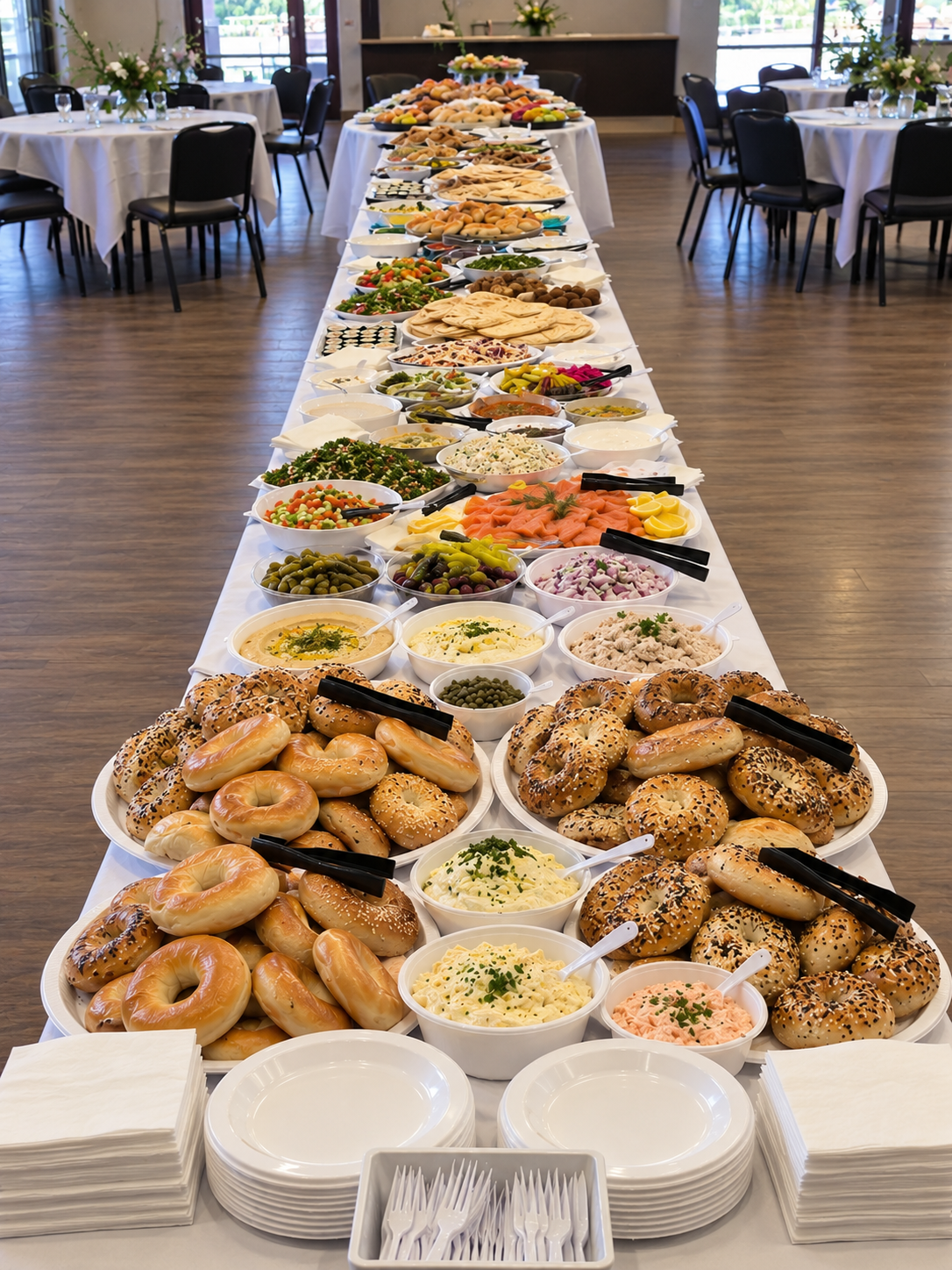 Bagel Buffet catering featuring sliced bagels, cream cheeses, smoked salmon, egg salad, tuna salad and fresh vegetables
